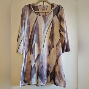 Chico's Tunic Top Purple White Lilac 3/4 Sleeves Round Neck Size 2 us Size L